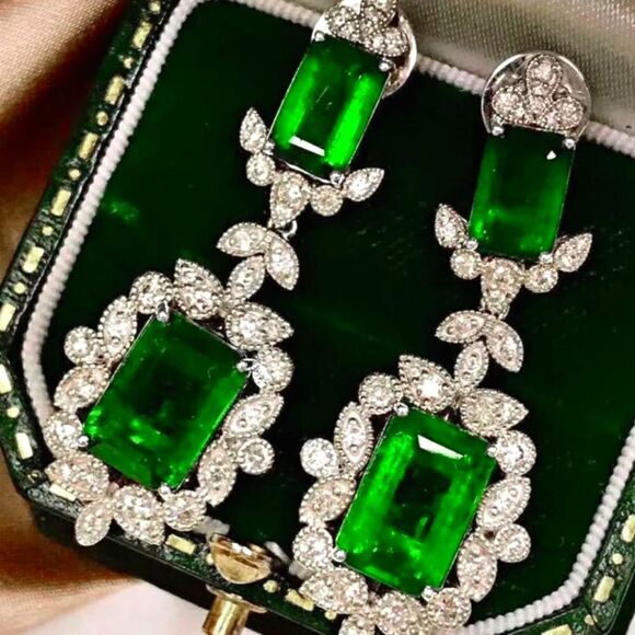 Princess Cut Emerald Drop Stud Earrings Surrounded with White  Baguette Diamonds - Picture 1 of 5